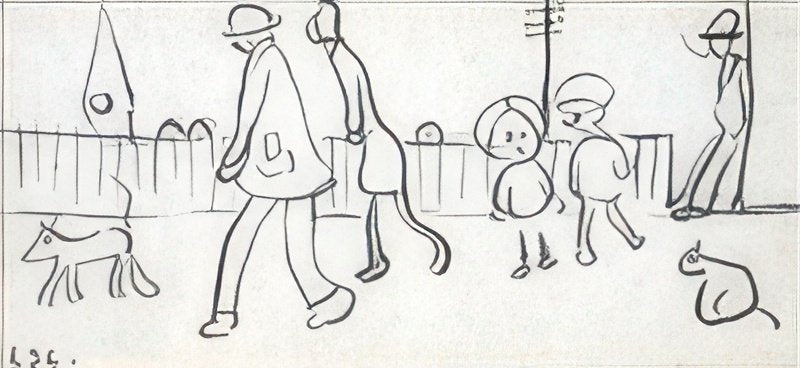 L S Lowry Street Scene With Figures, Dog And Cat A4 Photo Print 1