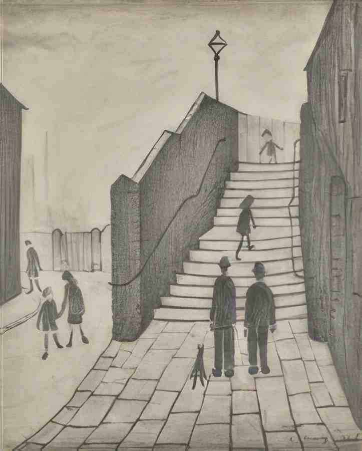 L S Lowry The Railway Steps, Ramsbottom A4 Art Photo Print