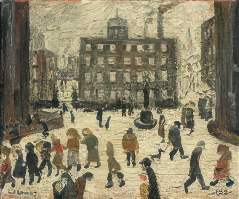 L S Lowry The Statue, Figures In A Town Square A4 Photo Print 1