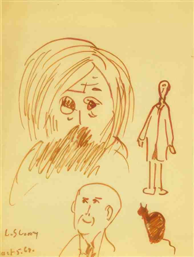 L S Lowry Two Heads, A Figure And A Cat A4 Art Photo Print