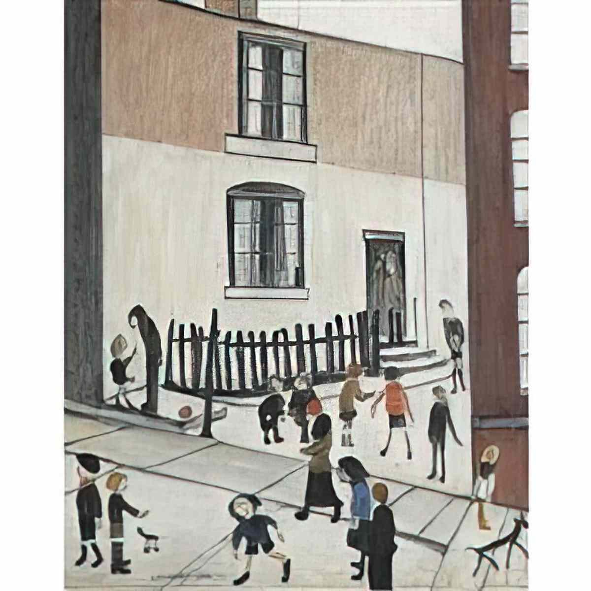 L S Lowry a street with figures and dogs Art A4 Photo Print