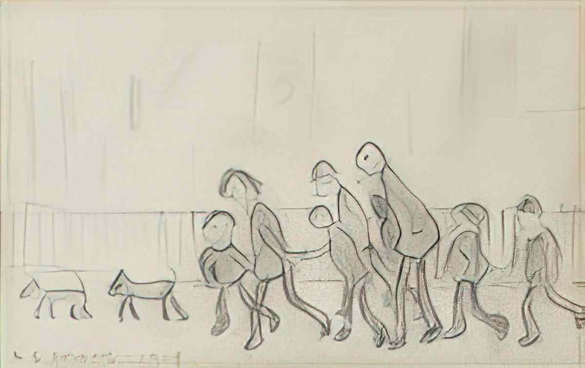 L S Lowry couple walking a dog next to a lamp post Art A4 Photo Print