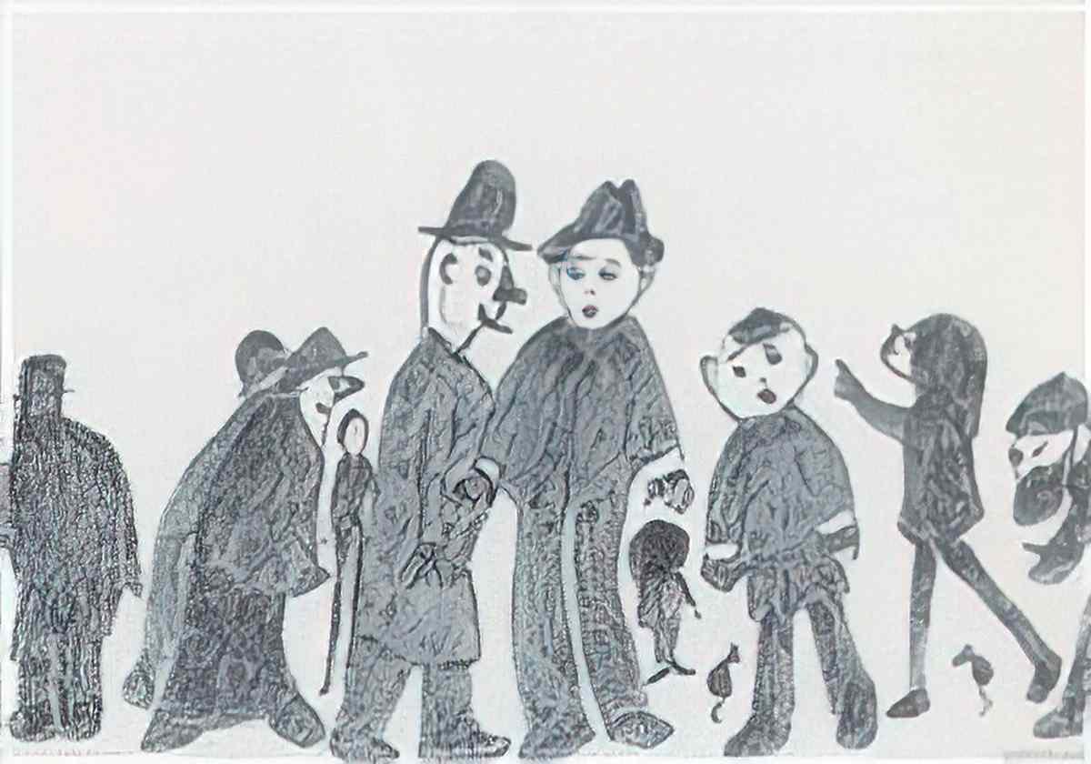 L S Lowry figures by railings1 Art A4 Photo Print