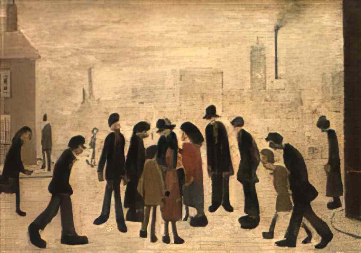 L S Lowry figures in a street Art A4 Photo Print