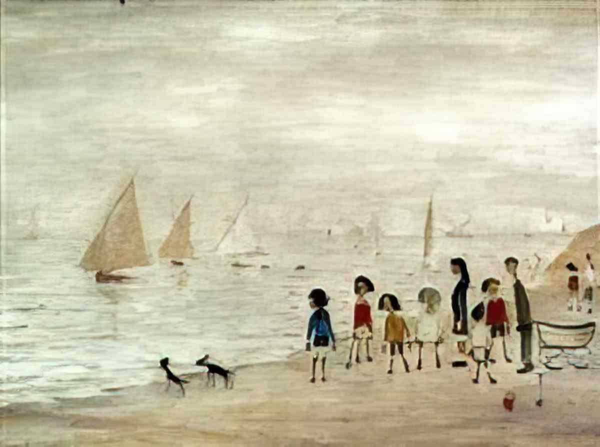 L S Lowry man walking with a stick beside railings Art A4 Photo Print