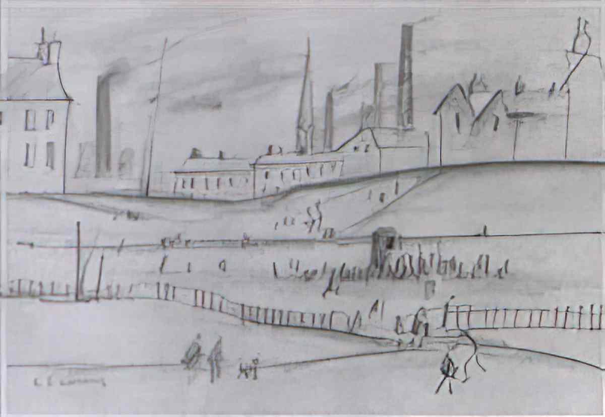 L S Lowry mount with figures Art A4 Photo Print
