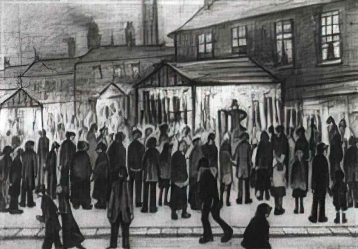 L S Lowry outside the mill Art A4 Photo Print