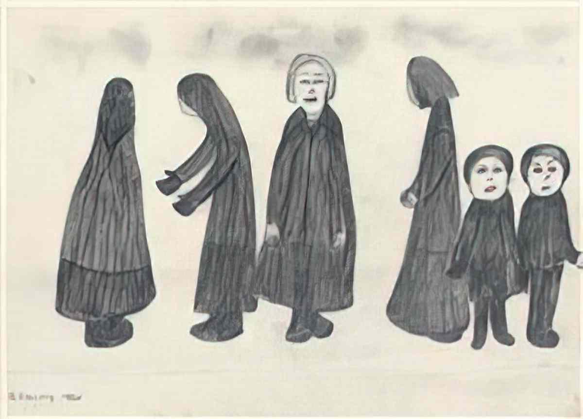 L S Lowry people and dogs Art A4 Photo Print