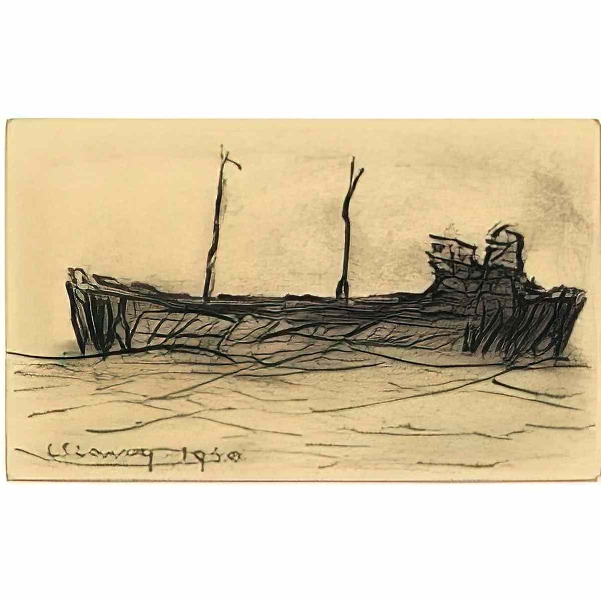L S Lowry ship towing dinghy in the lochs Art A4 Photo Print