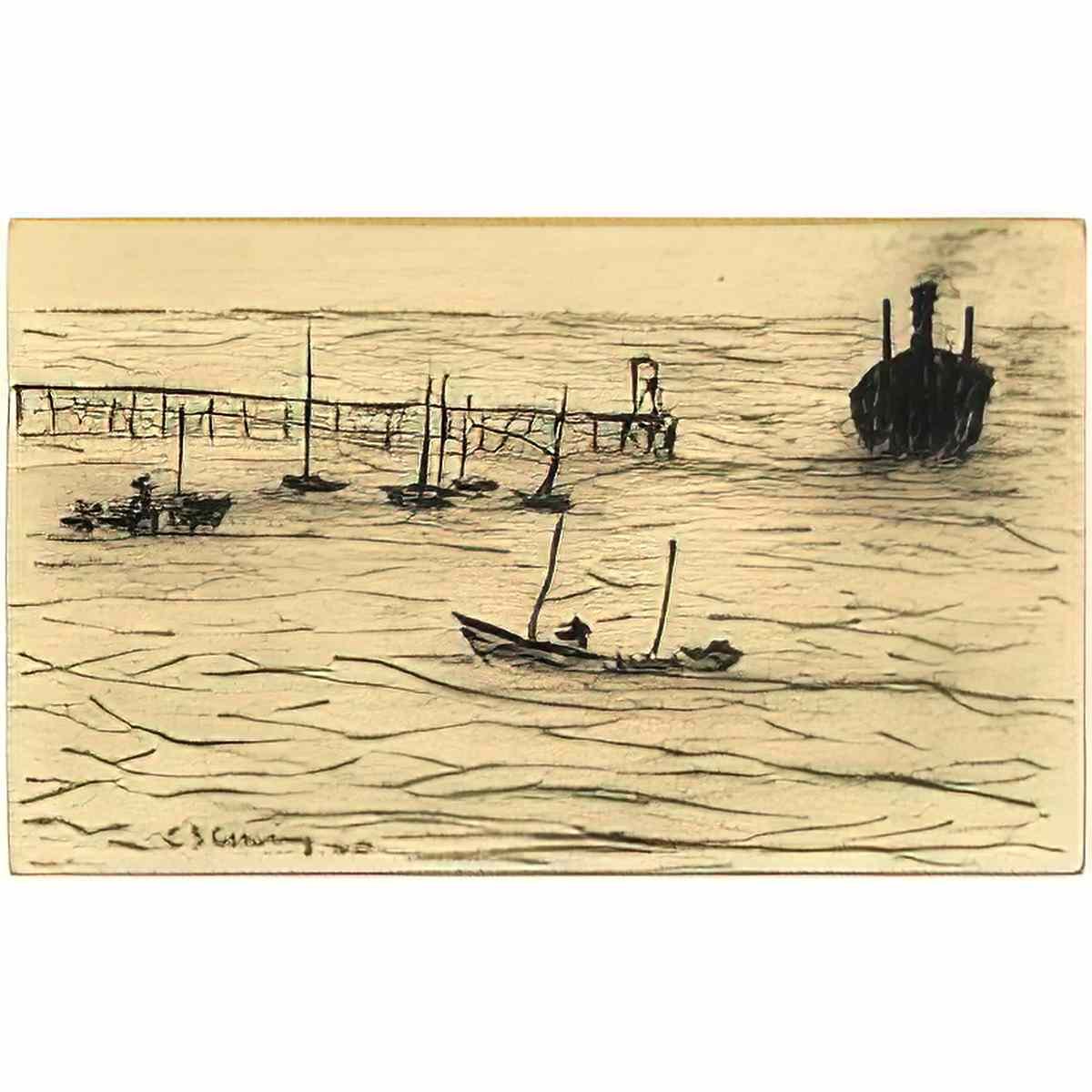 L S Lowry shipping off a pier Art A4 Photo Print