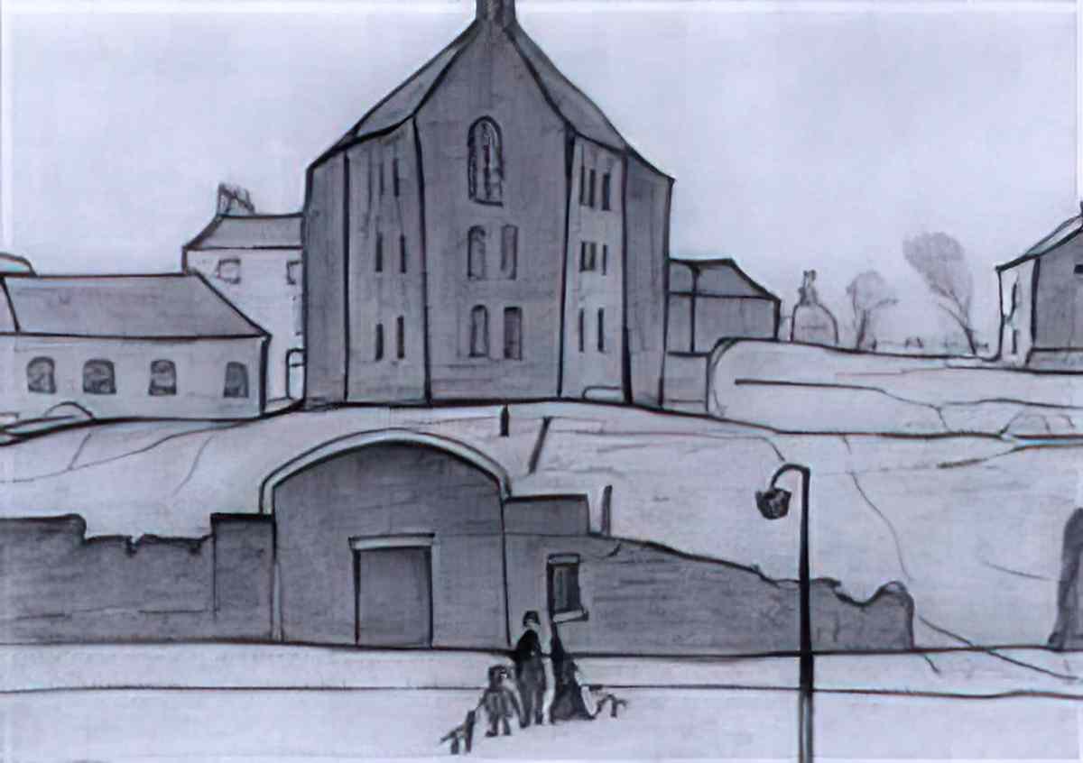 L S Lowry standing figures with dog Art A4 Photo Print