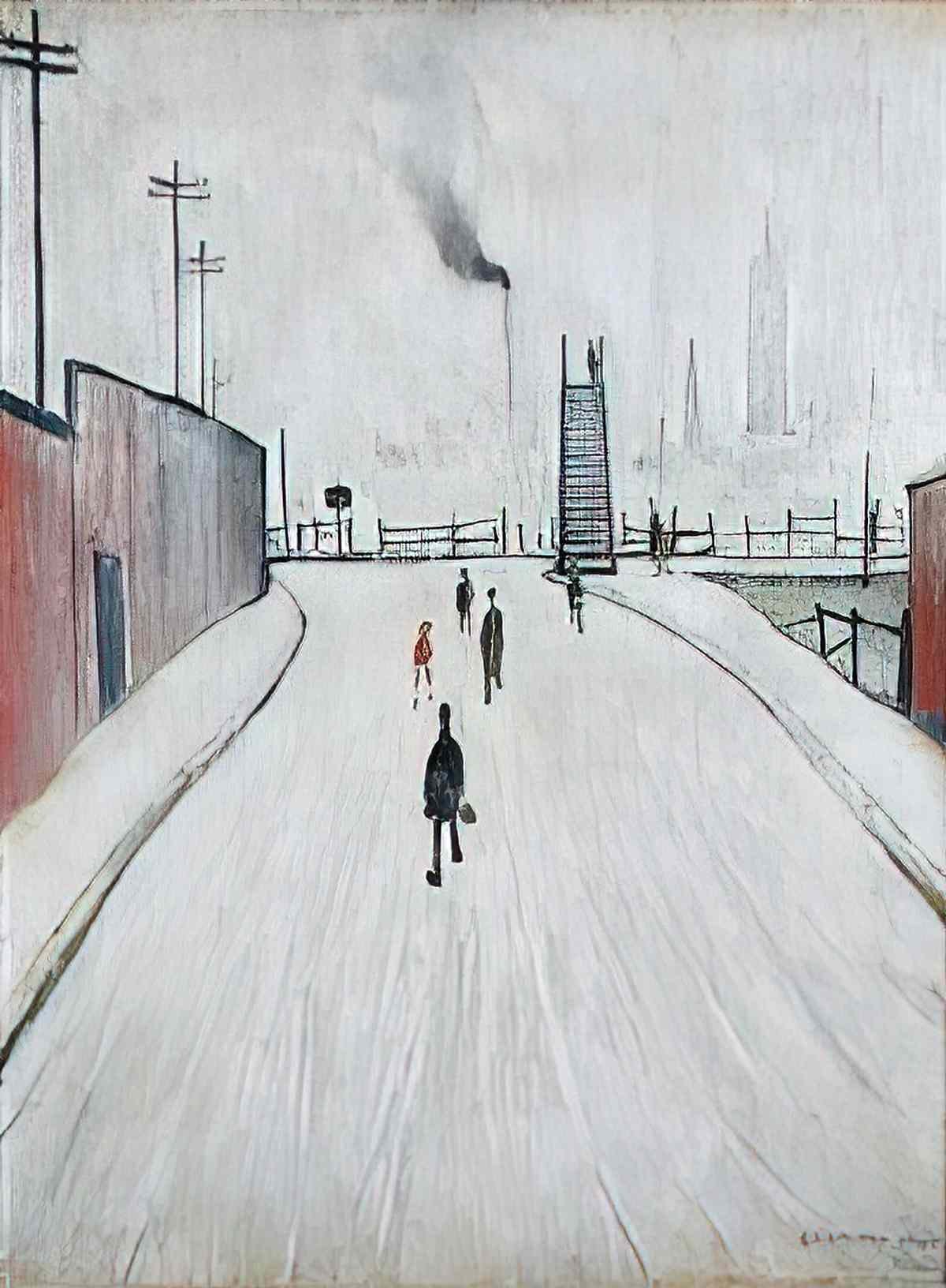L S Lowry street scene with figures Art A4 Photo Print