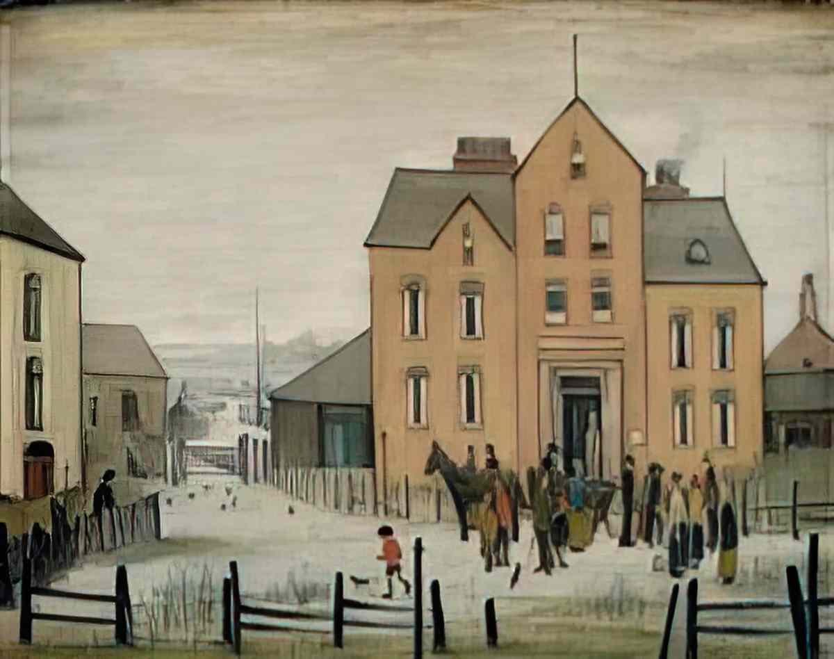L S Lowry street with tower Art A4 Photo Print