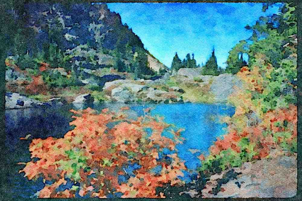 Lakes and rivers 026001 Mountain Lake, Orange Foliage A4 Limited Edition Watercolour Print