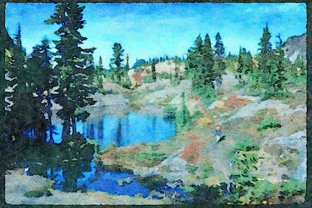Lakes and rivers 026002 Mountain Lake And Backpacker A4 Limited Edition Watercolour Print