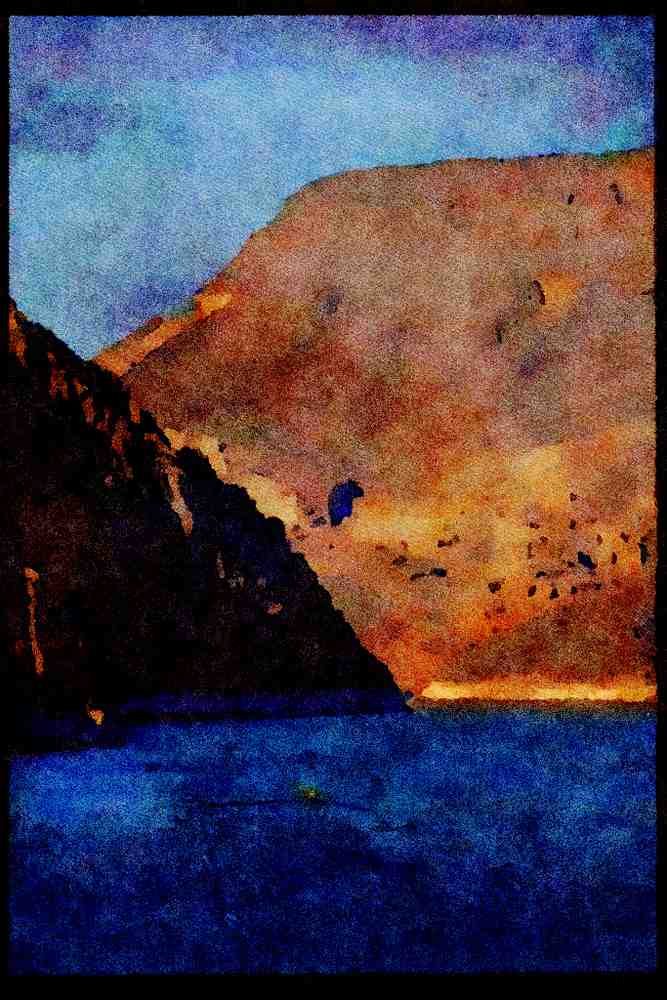 Lakes and rivers 026014 Lake Shasta With Brown Hills A4 Limited Edition Watercolour Print