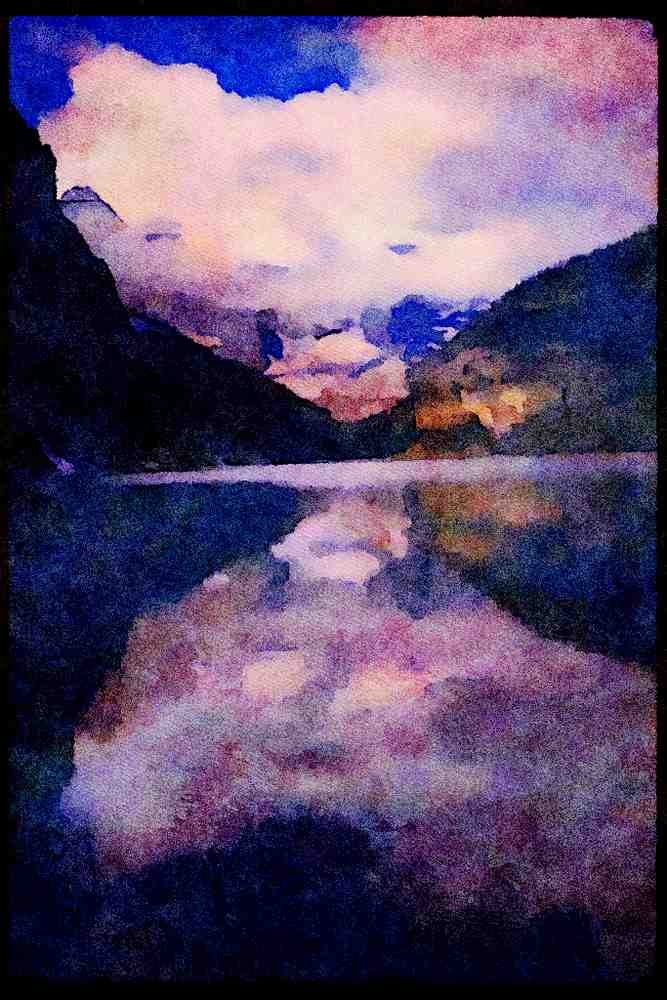 Lakes and rivers 026030 Reflection Of Clouds And Mountains A4 Limited Edition Watercolour Print