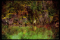 Lakes and rivers 026040 Trees On Steep Rock, Green Water A4 Limited Edition Watercolour Print