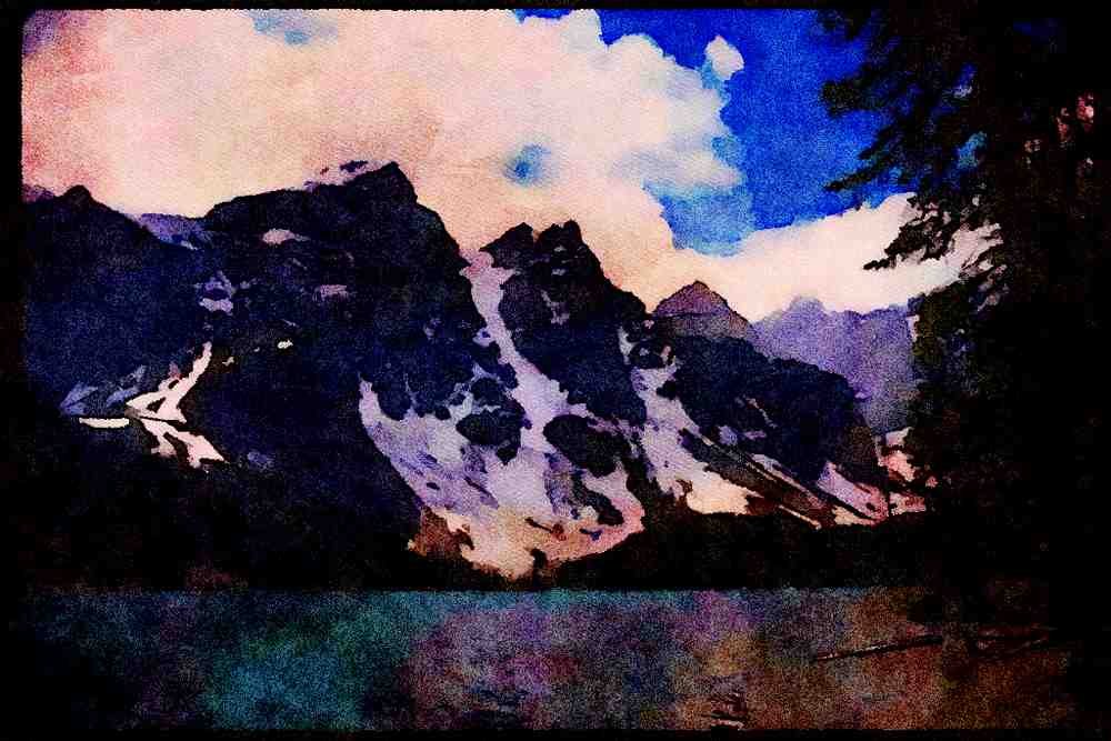 Lakes and rivers 026043 Glacier Clad Mountains Over Lake A4 Limited Edition Watercolour Print