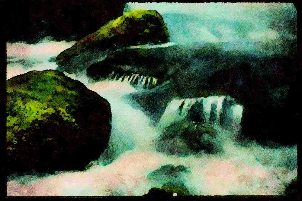 Lakes and rivers 026057 Rushing Water, Mossy Rocks A4 Limited Edition Watercolour Print