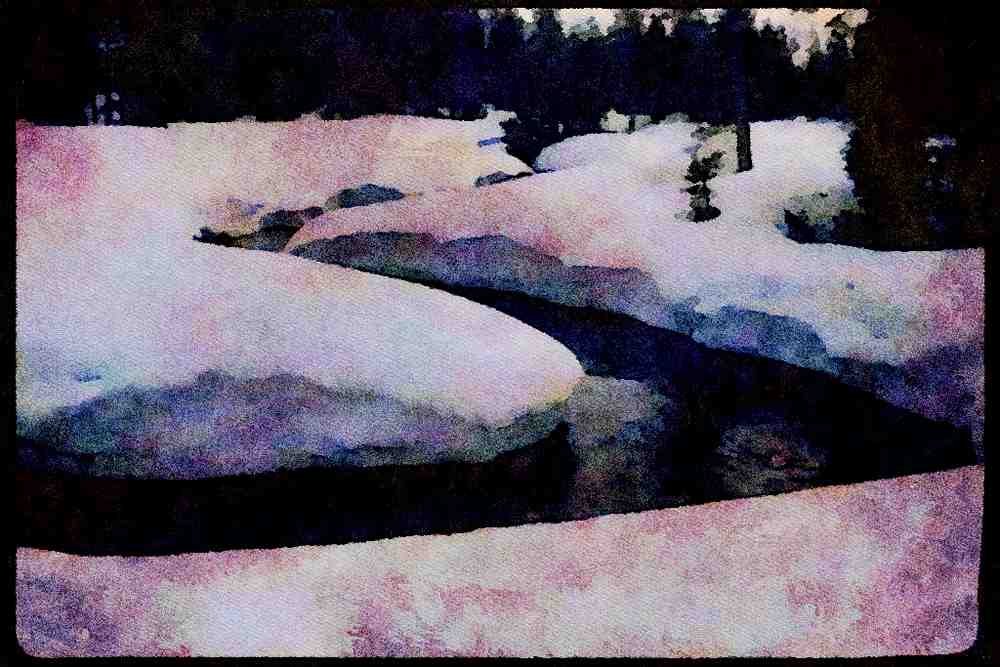 Lakes and rivers 026068 Creek Cutting Through Snow A4 Limited Edition Watercolour Print