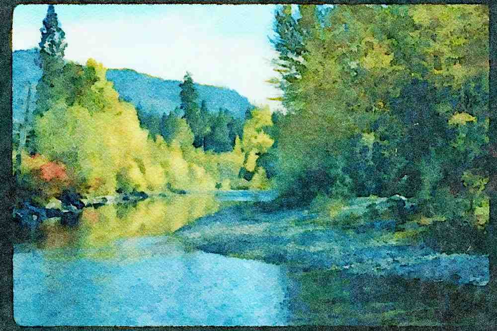 Lakes and rivers 026071 Fall Colors At Riverbank A4 Limited Edition Watercolour Print