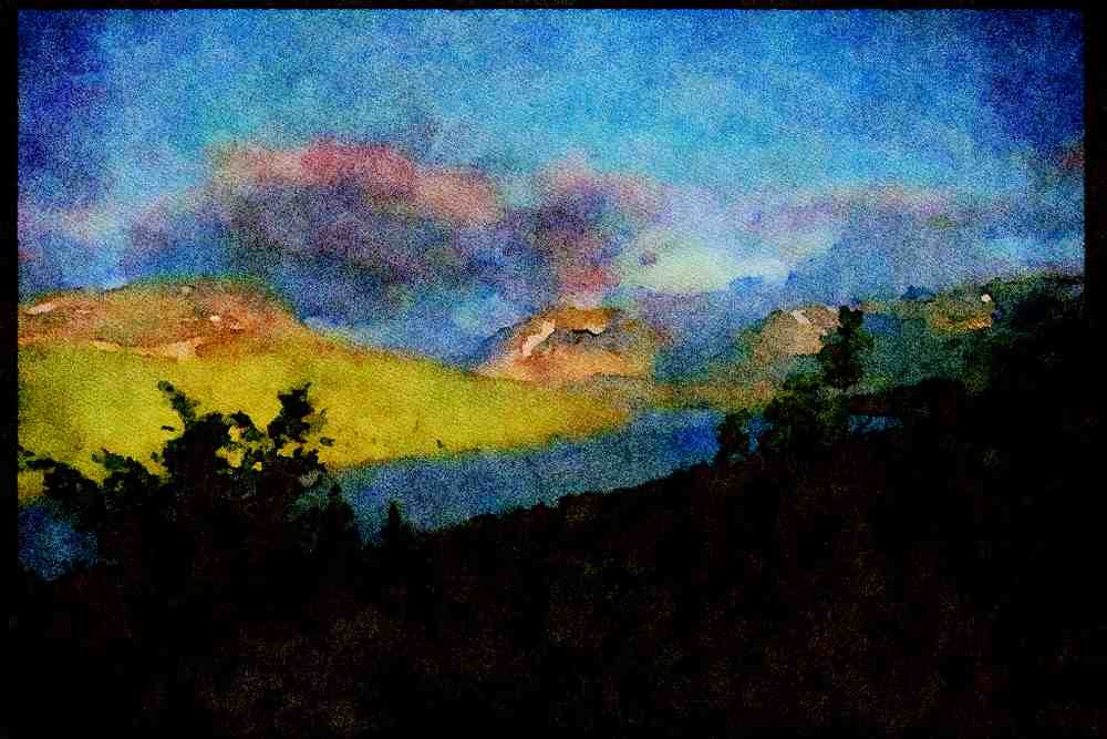 Lakes and rivers 026082 Large River And Mountains A4 Limited Edition Watercolour Print