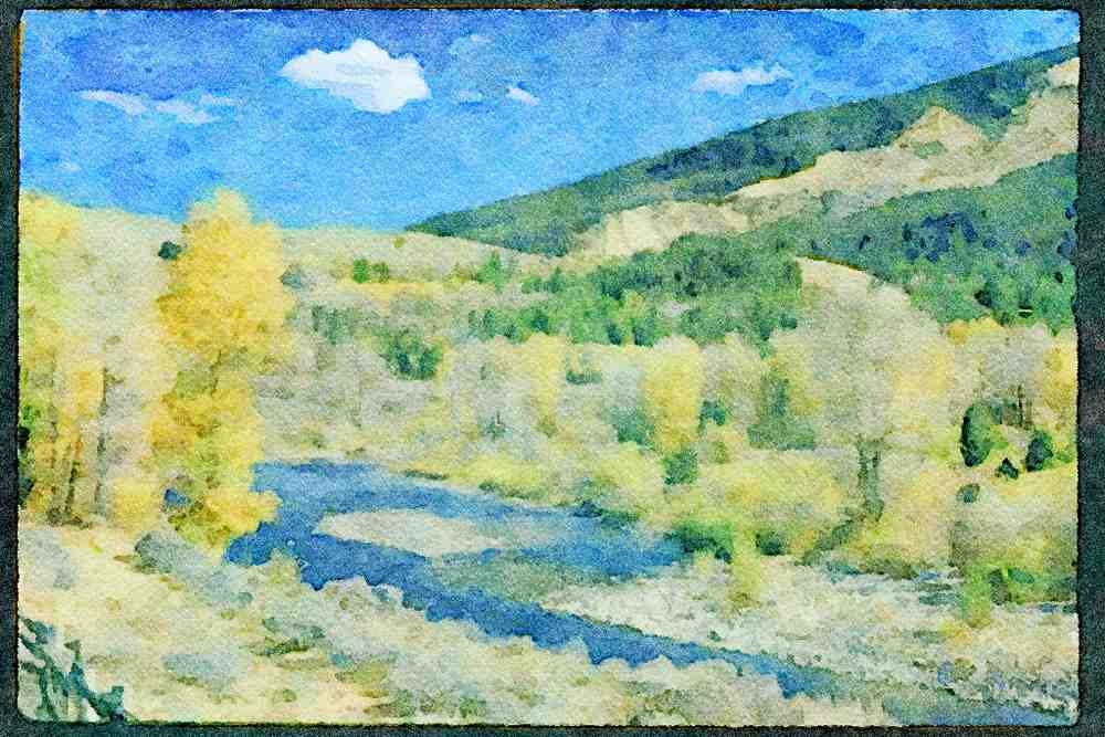 Lakes and rivers 026087 Trees In Fall Colors On Riverbank A4 Limited Edition Watercolour Print