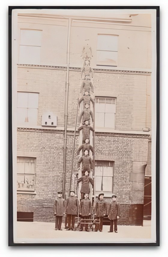 Lancashire Manchester Fire Brigade 10 Firemen Up Long Ladder Posing Vintage A4 Photo Print