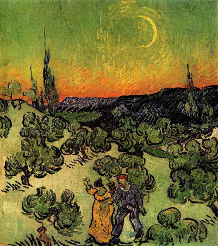 Landscape With Couple Walking And Crescent Moon Van Gogh A4 Photo Print