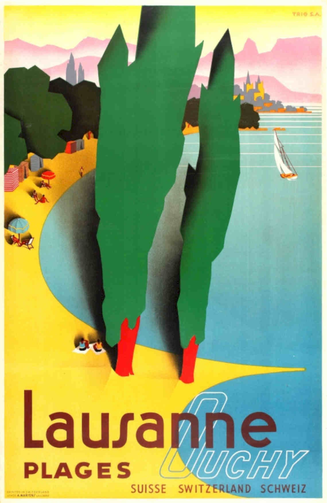 Lausanne Beaches Switzerland Vintage Retro Advert Poster A4 Photo Print