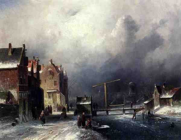Leickert Charles Henri Joseph Figures In A Dutch Town By A Frozen Canal A4 Photo Print