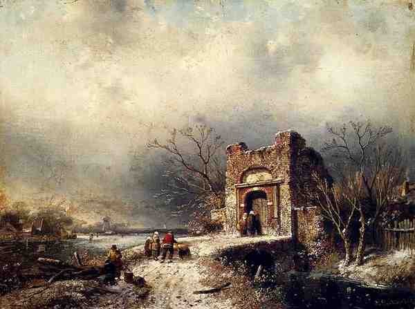 Leickert Charles Henri Joseph Villagers On A Frozen Path A4 Photo Print