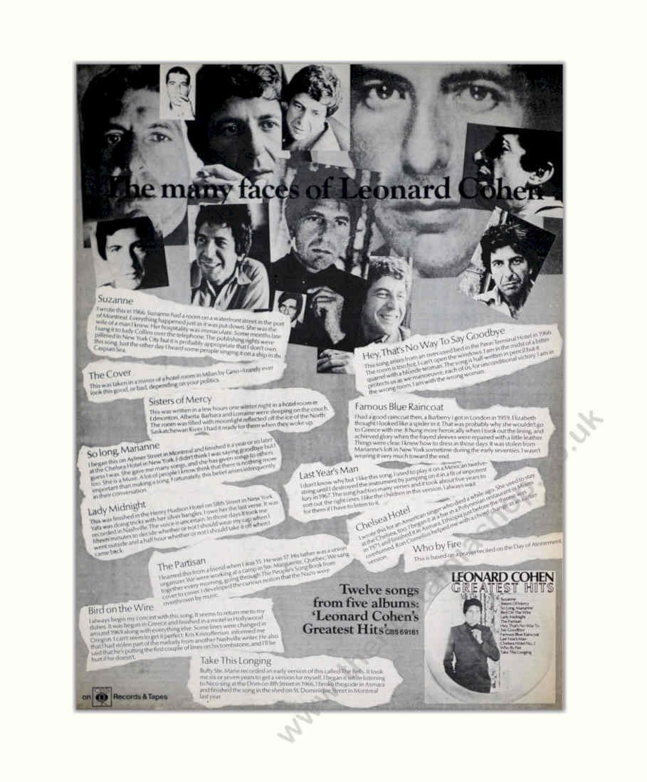 Leonard Cohen Hits Vintage Retro Advert Poster A4 Photo Print