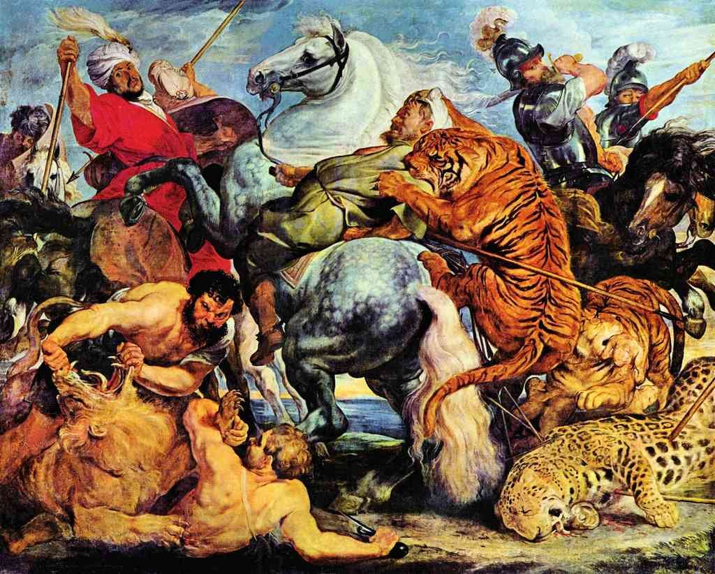 Lion And Tiger Hunting Rubens A4 Photo Print