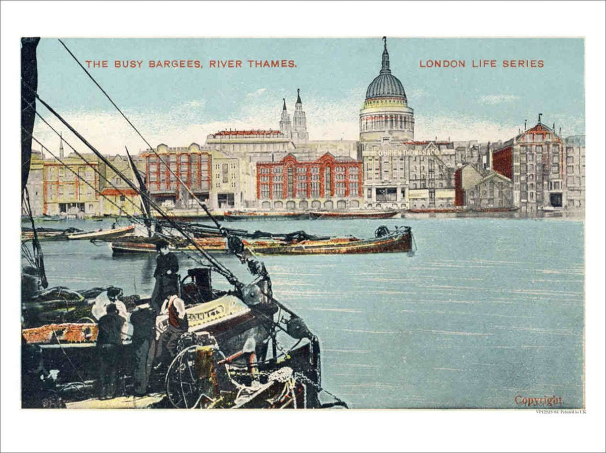 London Life Busy Bargees River Thames St Pauls Cathed Vintage Retro Advert Post