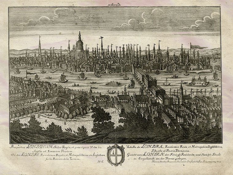 London Thames St Pauls Cathedral Haffner Rupprecht 1745 Vintage A4 Photo Print