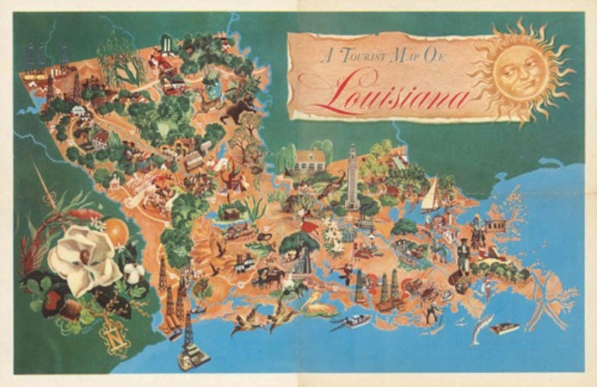 Louisiana Map Bayou Vintage Retro Advert Poster