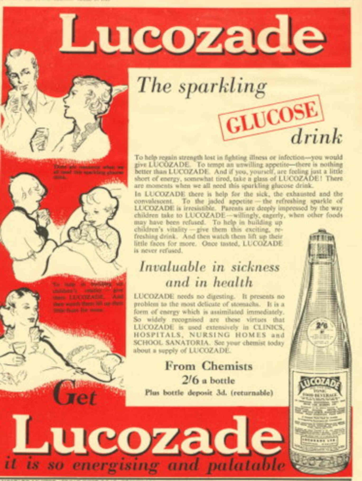 Lucozade Glucose Drink 1950s Vintage Retro Advert Poster