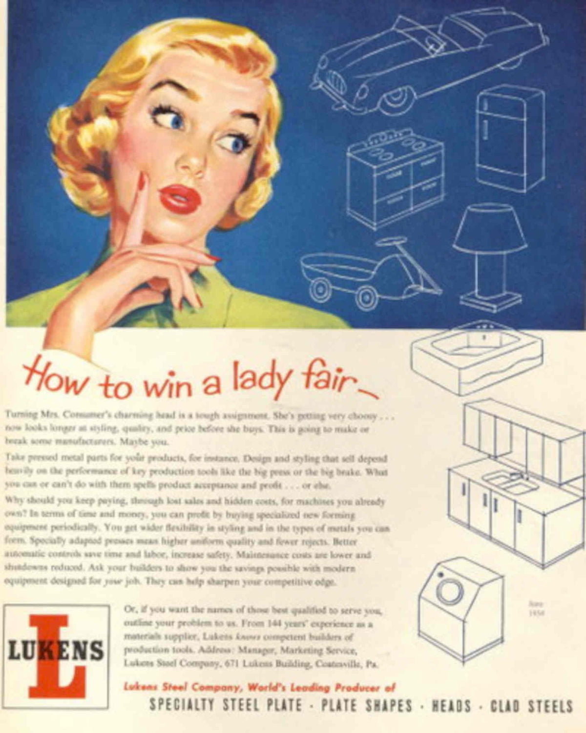 Lukens Steel Housewife 1950s Vintage Retro Advert Poster