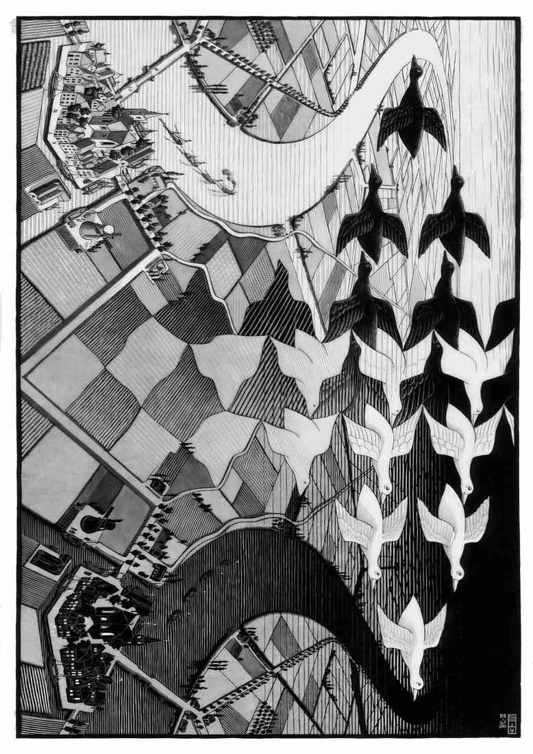 M C Escher day and night A4 Photo Print