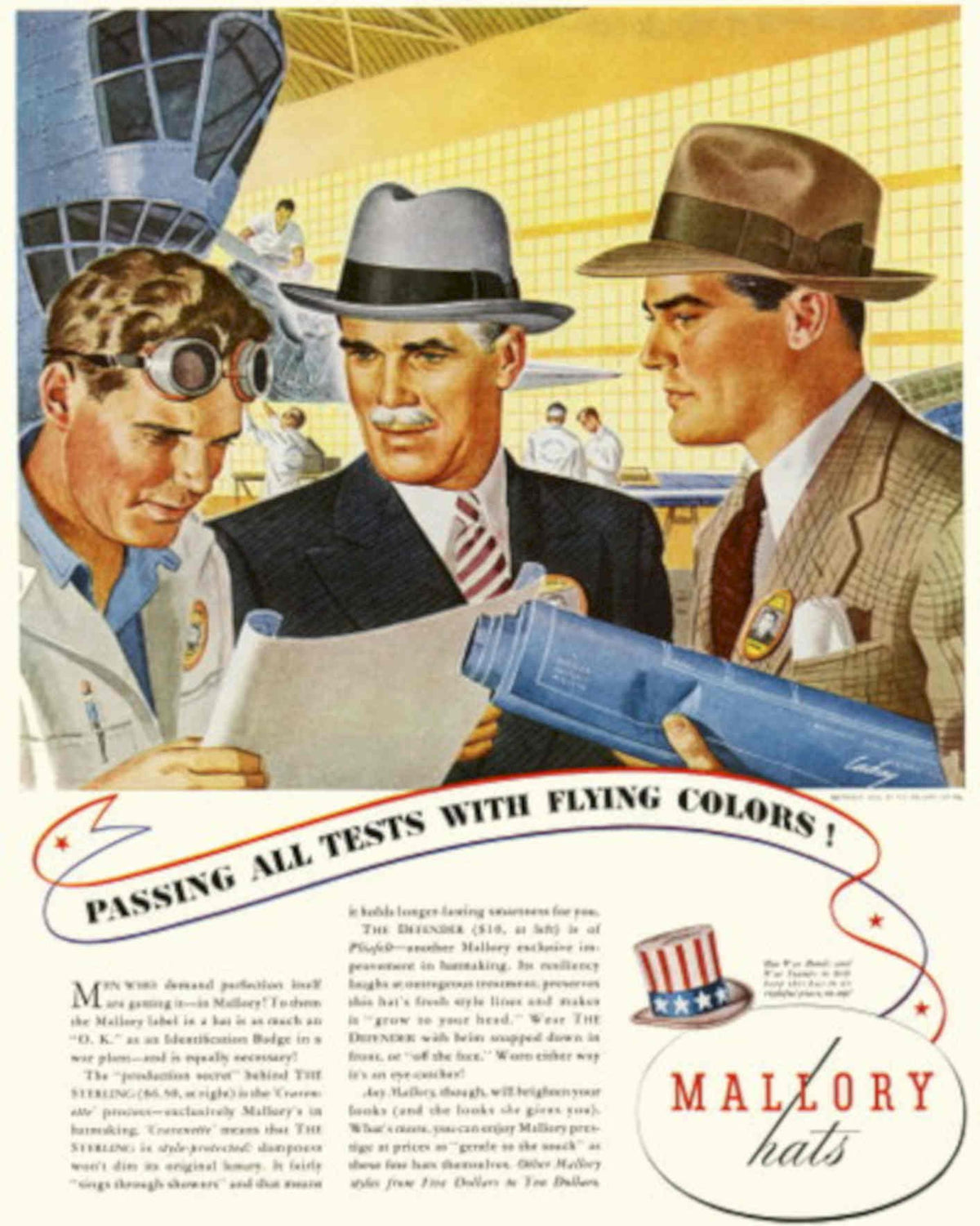 Mallory Hats Airplane 1950s Vintage Retro Advert Poster