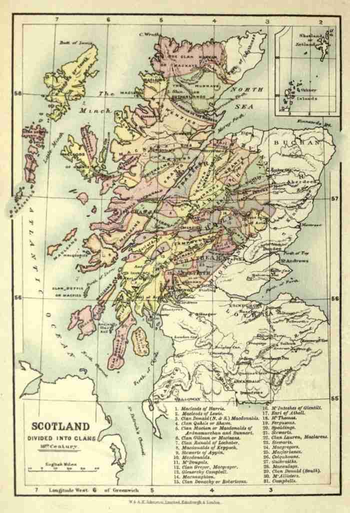 Map The Scottish Clans & their Tartans nd Scotland divided into clans A4 Photo Print