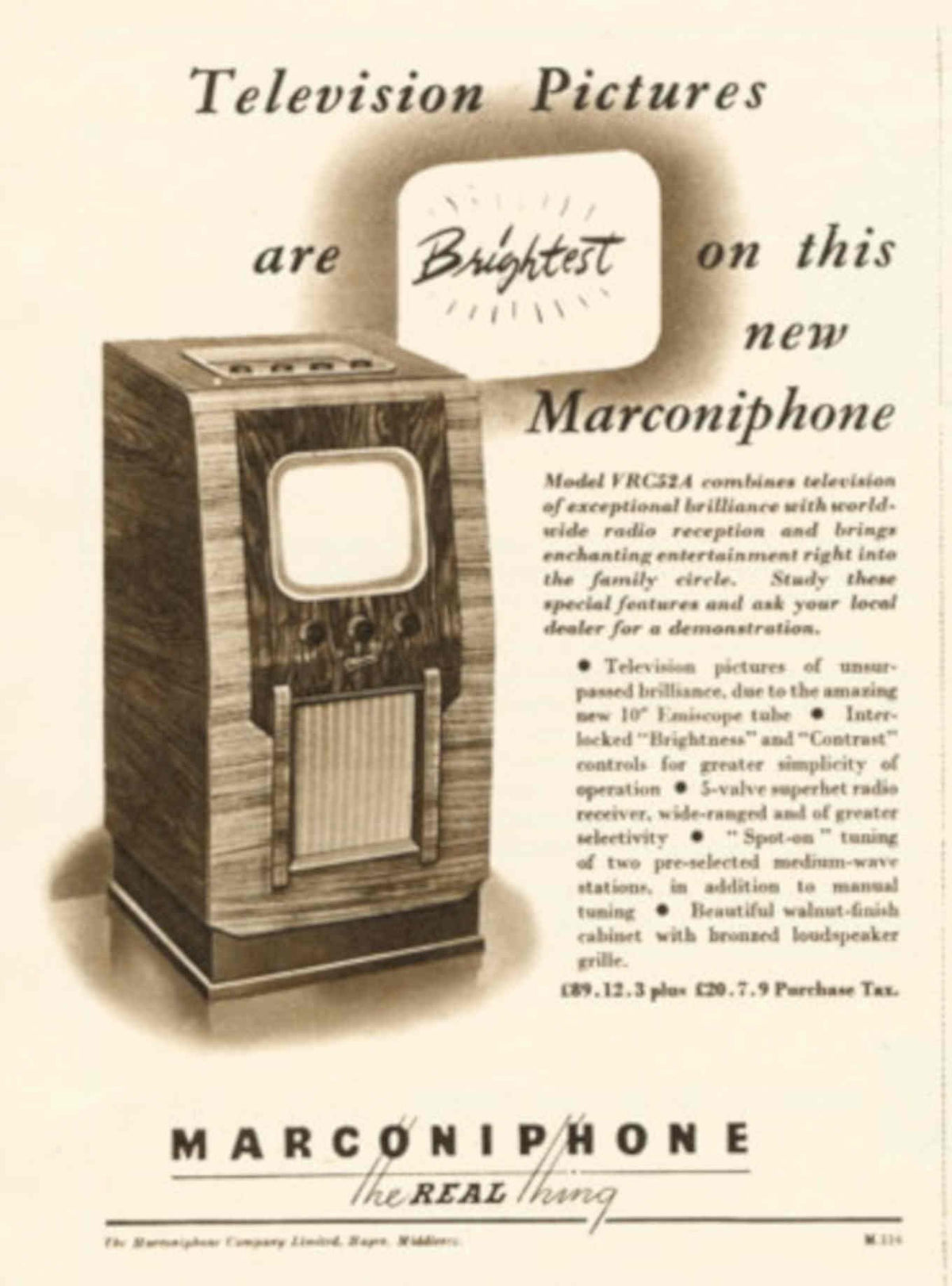 Marconiphone Vrc52a Television 1950s Vintage Retro Advert Poster
