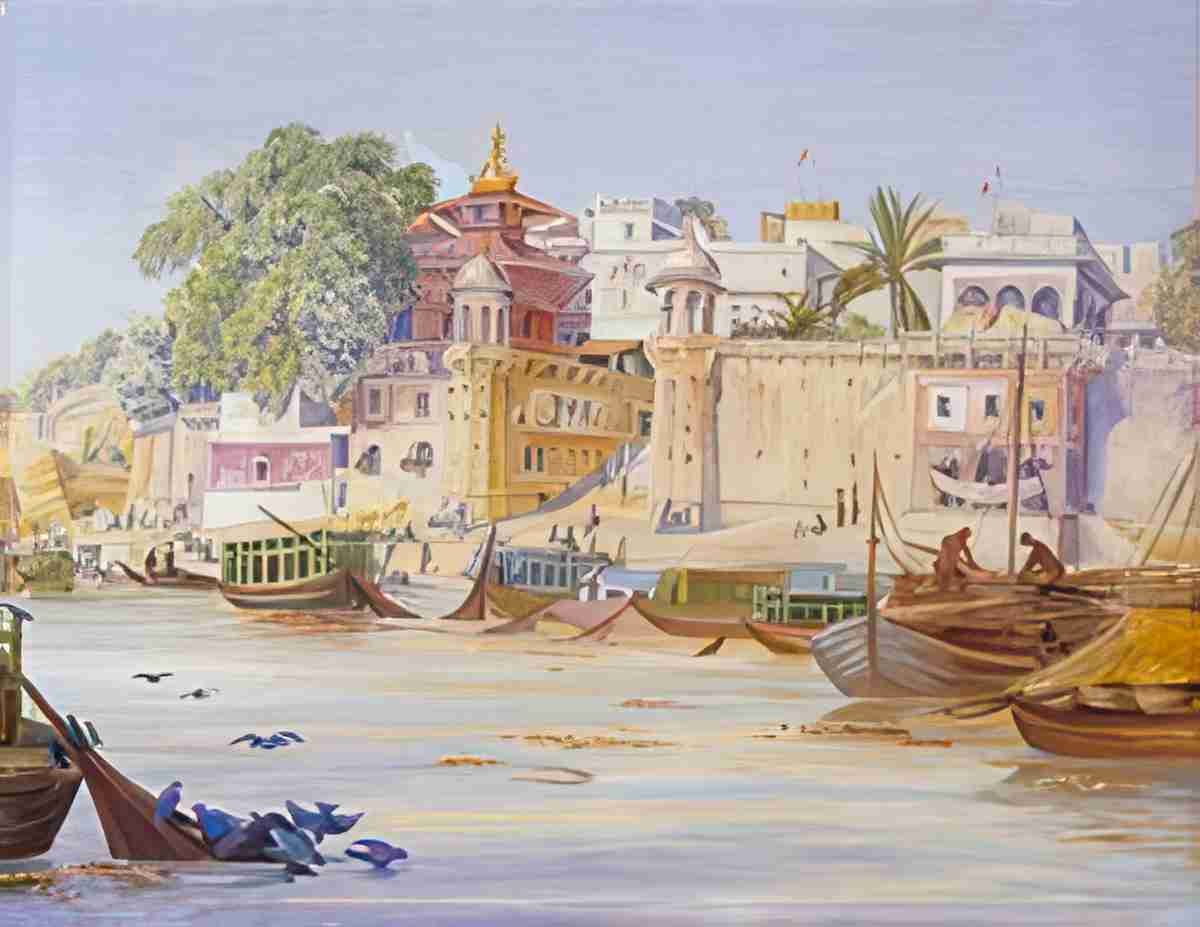 Marianne North Nepalese Temple Peepul Tree with Blue Pigeons Bathing Benares India Art A4 Photo Print