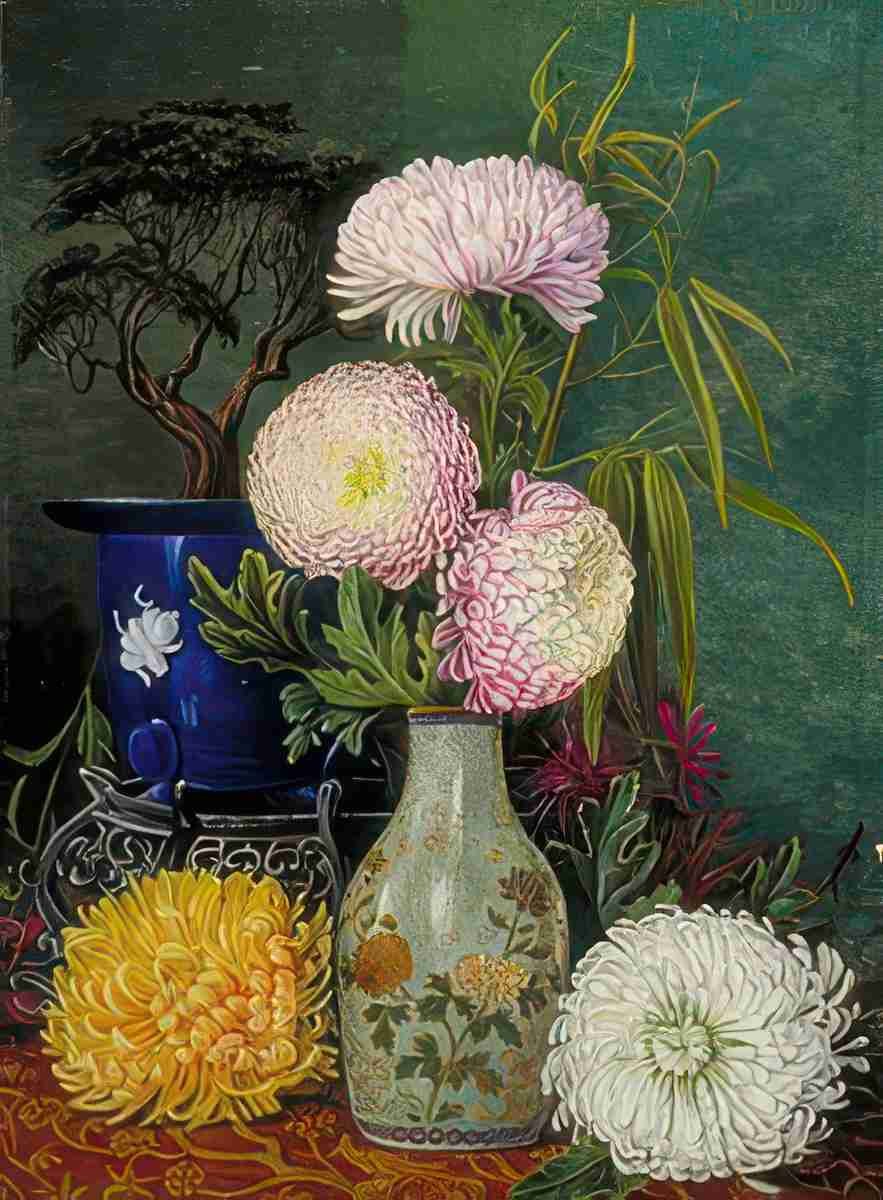 Marianne North Study of Japanese Chrysanthemums Dwarfed Pine Art A4 Photo Print