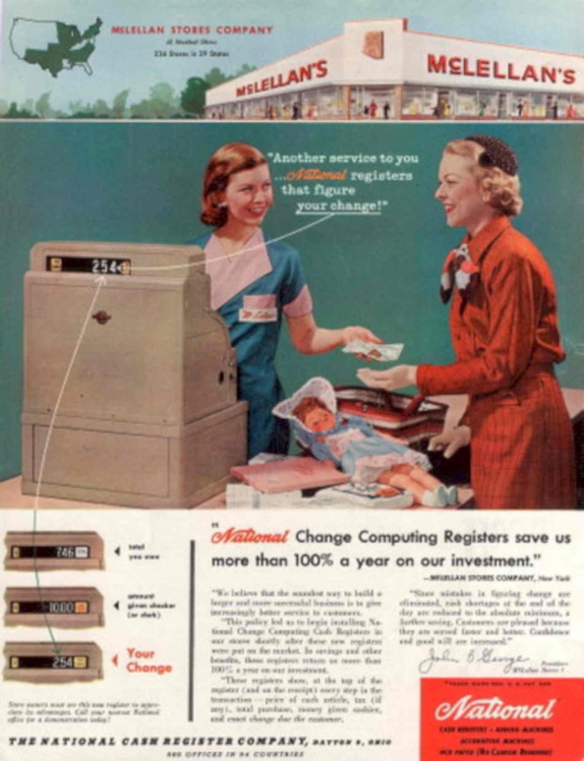 Mclellan Registers Change 1950s Vintage Retro Advert Poster