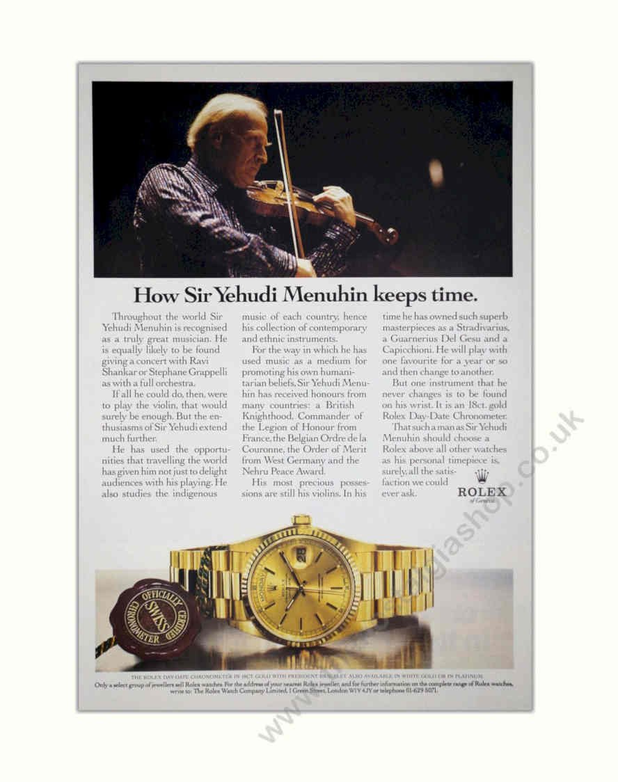 Menuhin Rolex Watches Vintage Retro Advert Poster A4 Photo Print