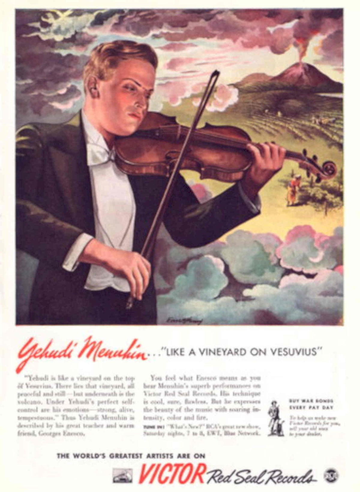 Menuhin Vineyard Vesuvius 1940s Vintage Retro Advert Poster