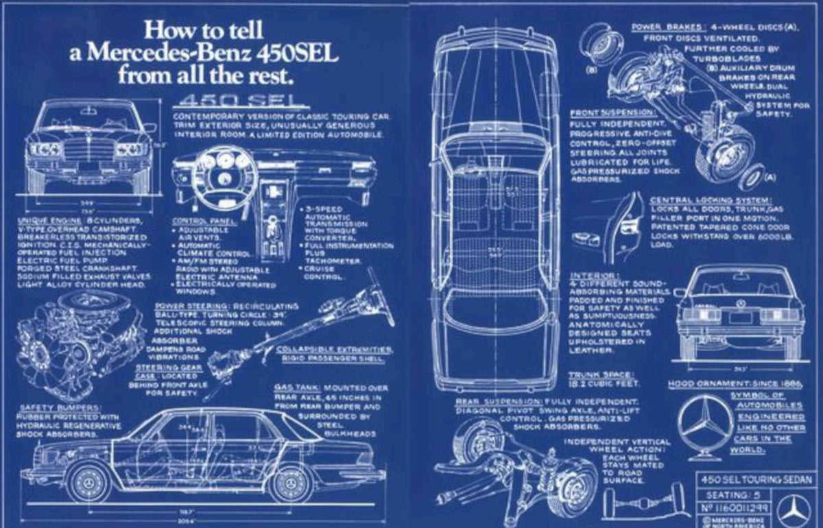 Mercedes 450sel Blueprint Vintage Retro Advert Poster A4 Photo Print
